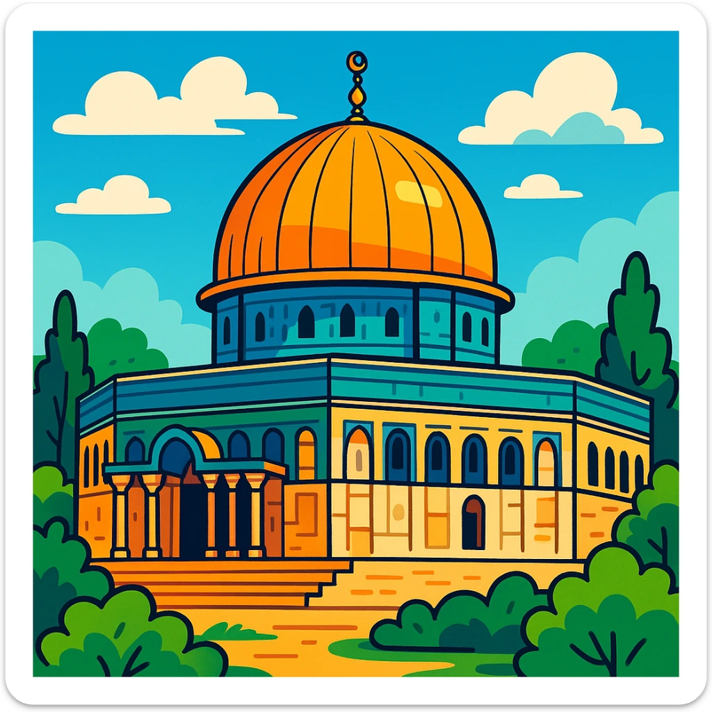 Al-Aqsa Mosque in Palestine, detailed illustration, iconic golden dome, historic architecture, lush greenery, clear sky, vibrant colors sticker