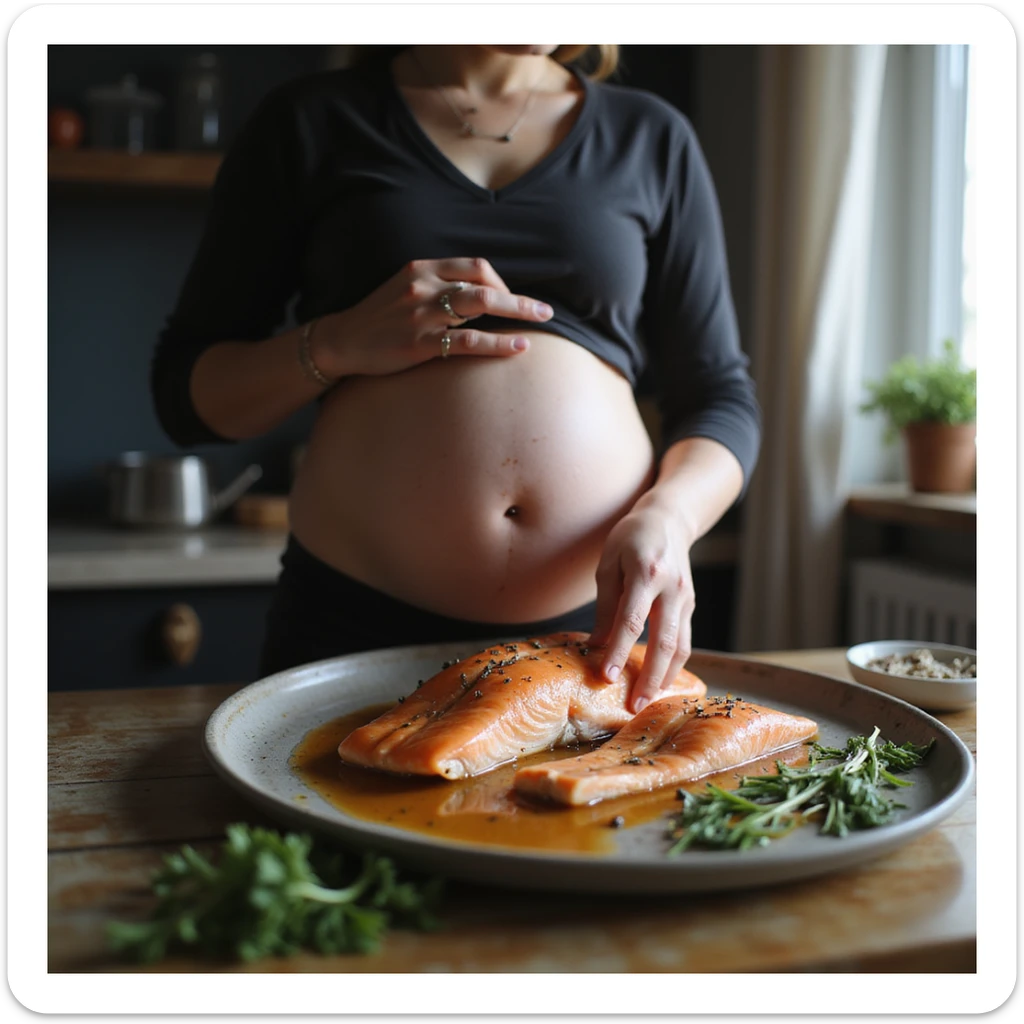 realistic pregnant woman in 4K cooking at home putting aside raw salmon with clearly visible parasites in the flesh sticker
