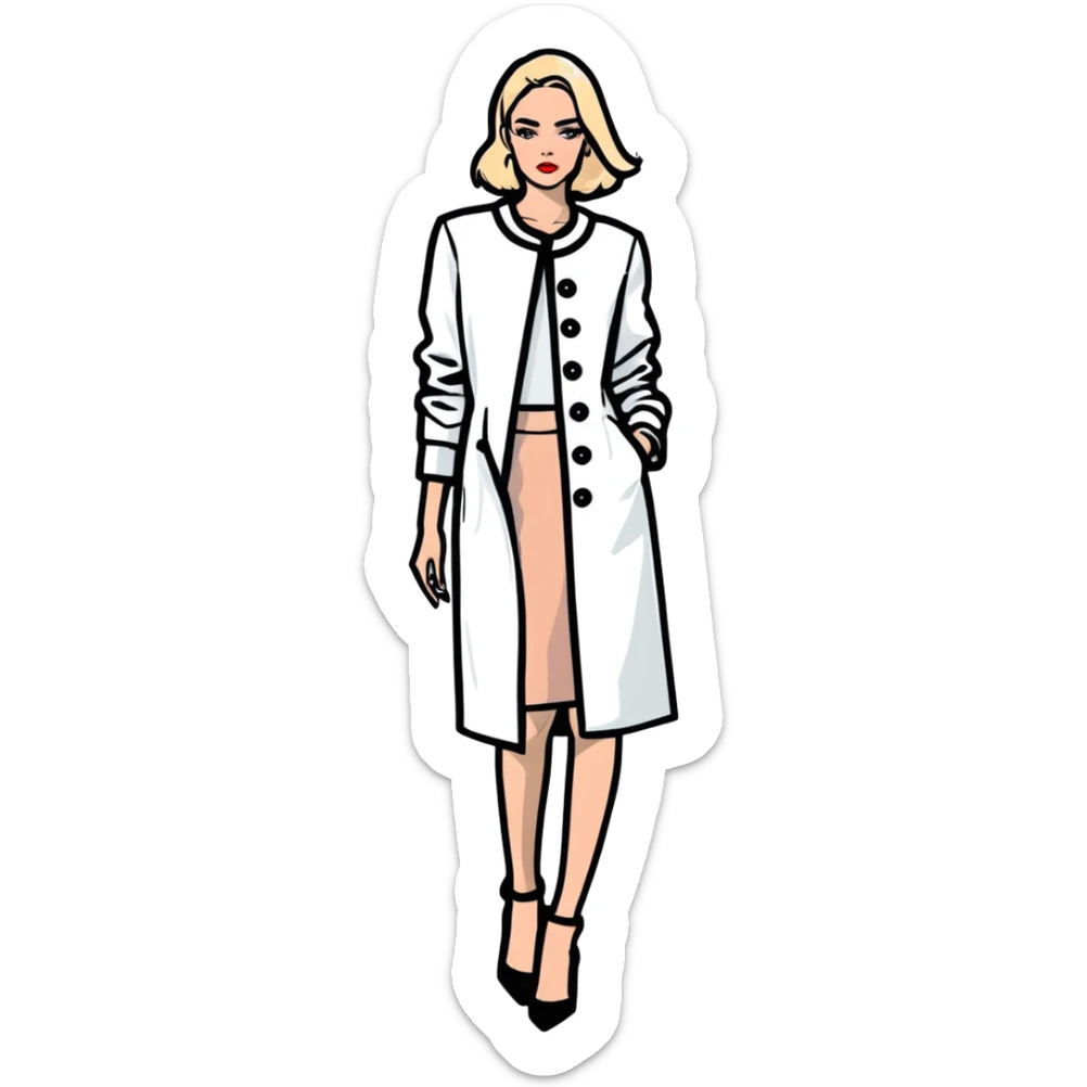 Glamorous European fashion model with perfect makeup, catwalk stance, trendy haute couture outfit sticker