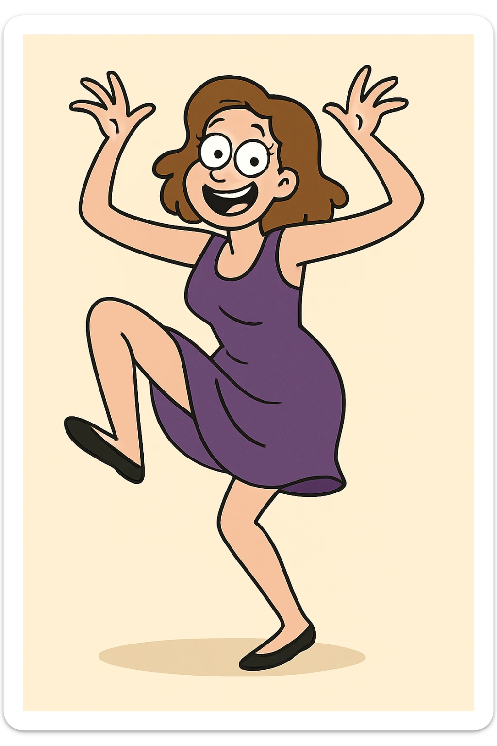 Change the dress to purple, keep the woman dancing poorly in the same style and pose. sticker