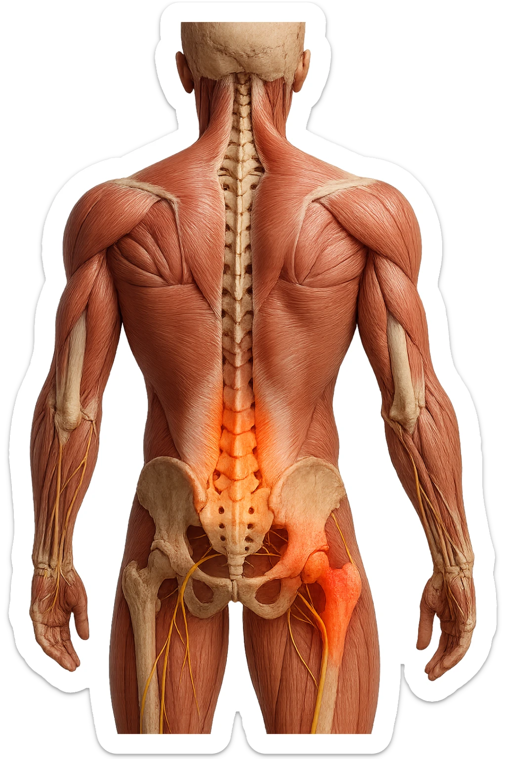 CORPO UMANO ANATOMICO REALISTICO DI SPALLE CON DOLORE ALLA LOMBARE INFIAMMATA, DOLORE ALL'ANCA, IPERREALISTICO 4K sticker