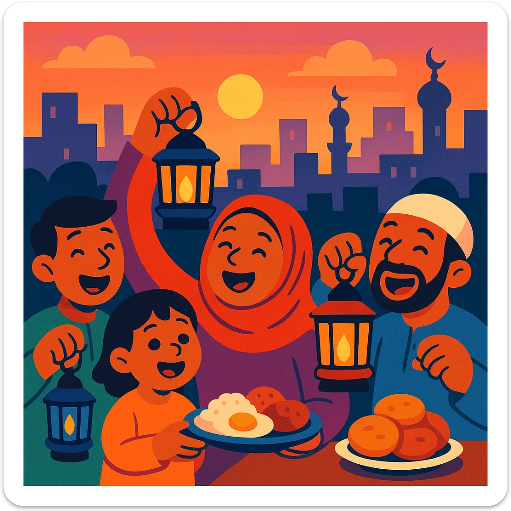 group of happy people with lanterns and food, waking up for sahur, city skyline at dawn, warm inviting cartoon style sticker