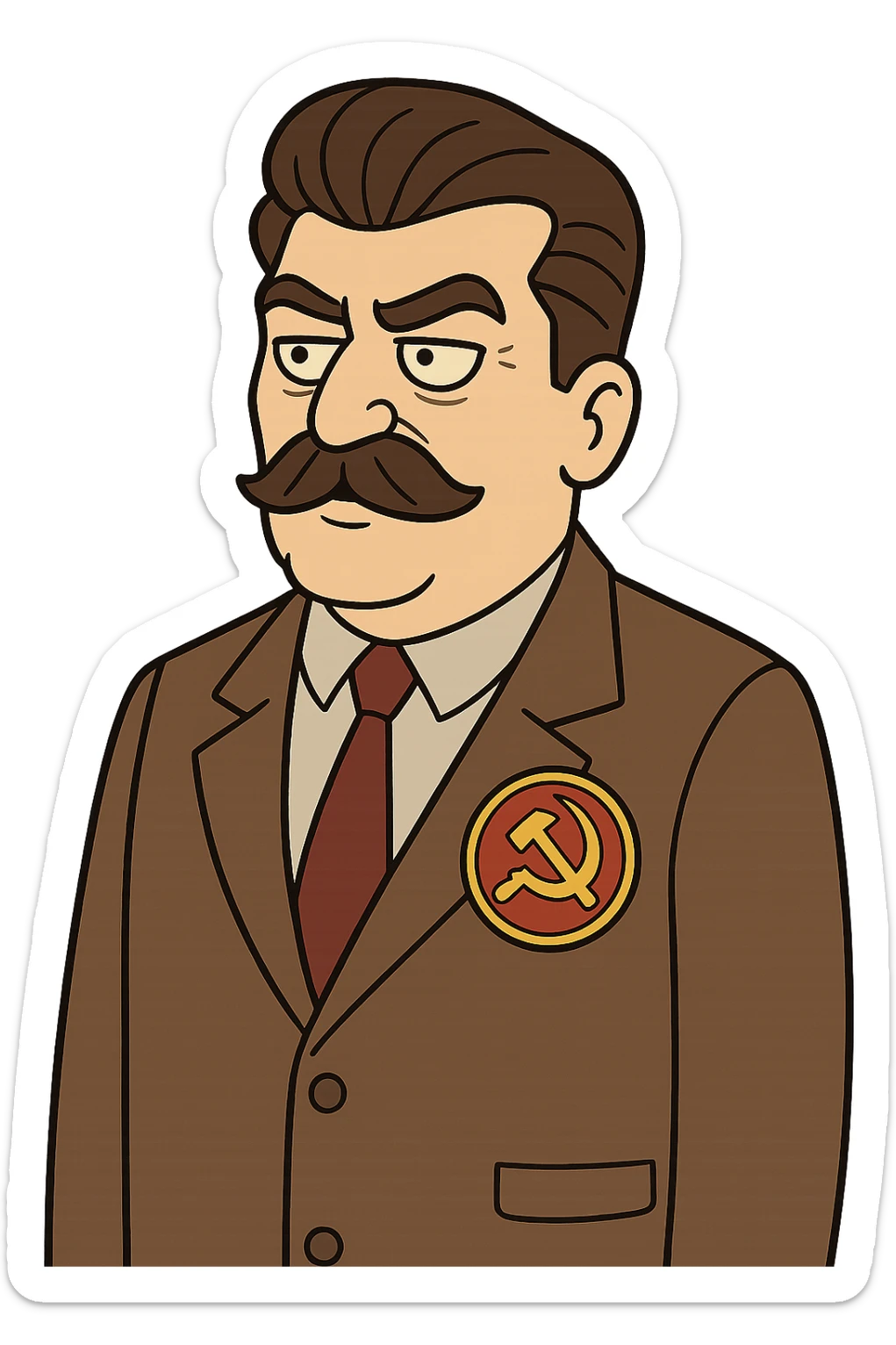 A cartoon image of Joseph Stalin wearing a suite with a large communist party badge sticker