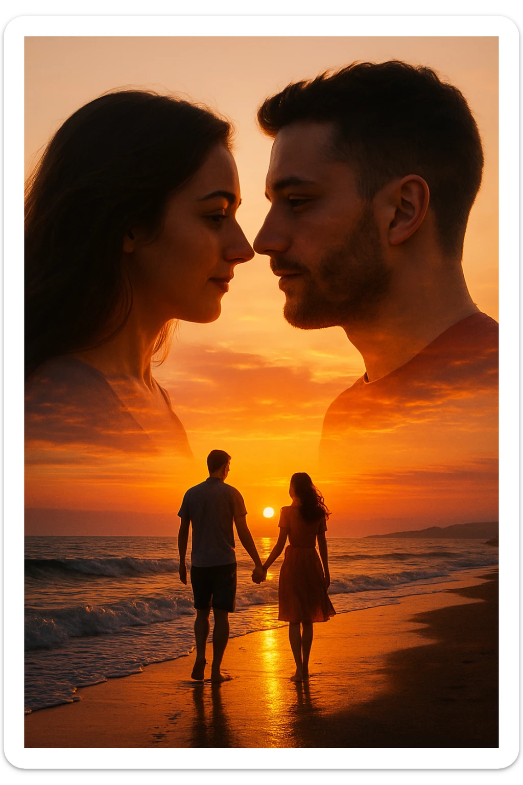 Una doppia esposizione cinematografica di noi di profilo, con un paesaggio di spiaggia al tramonto integrato nella silhouette.
La scena interna ci mostra entrambi camminare sulla sabbia bagnata, tenendoci per mano, con le onde del mare che si infrangono è facile e un cielo colorato dagli ultimi raggi di sole. Atmosfera calda e intima, toni dorati arancioni, dettagli fini ed espressivi, risoluzione 8K. sticker