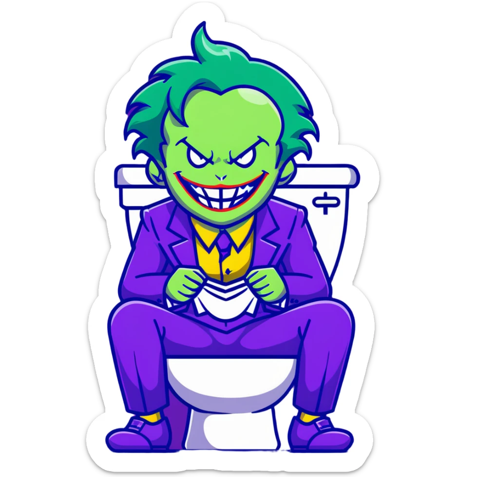 Joker villain sitting on toilet laughing maniacally, green hair, purple suit sticker
