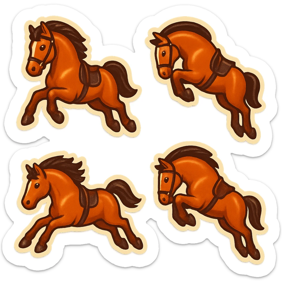 Create a cute emoji style illustration of a Hermès-style horse jumping. The design should be elegant, luxurious, minimal, and suitable for emoji use. Provide more variations of this horse jumping pose. Use a white or transparent background. sticker