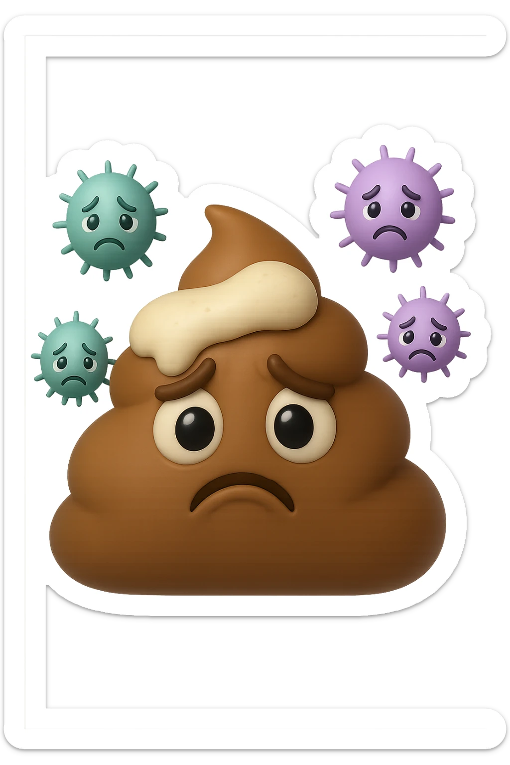 emoji stile iphone 3d di una cacca con muco bianco sopra, dietro cui fluttuano batteri intestinali tristi, iperrealistiche 4k sticker
