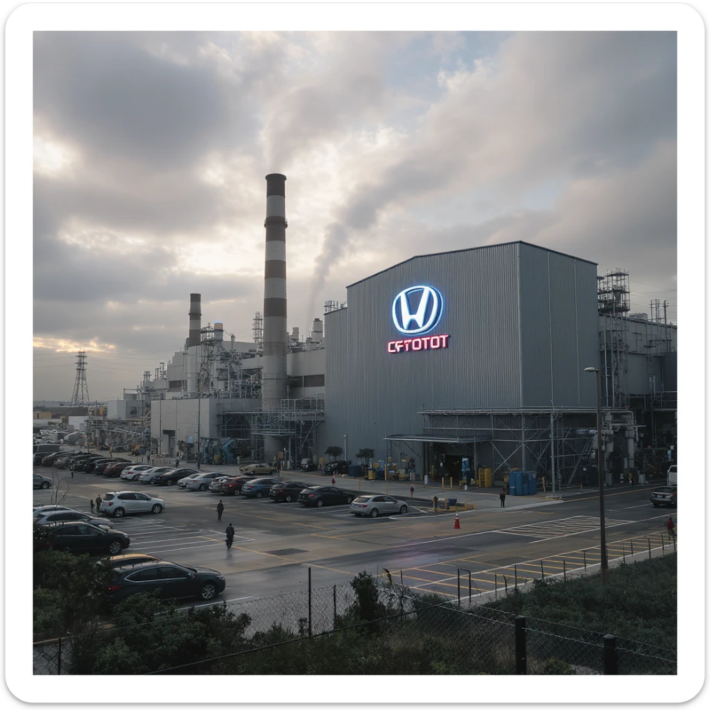 Realistic car factory exterior, large industrial building with smokestacks, parking lots filled with cars, factory grounds with machinery and equipment, realistic lighting and shadows, industrial atmosphere, workers in uniforms walking around, company logo on the building sticker
