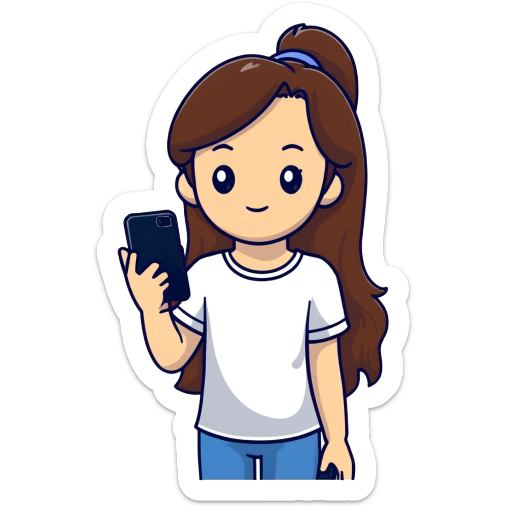 girl with long brown hair wearing a white top holding a smartphone sticker