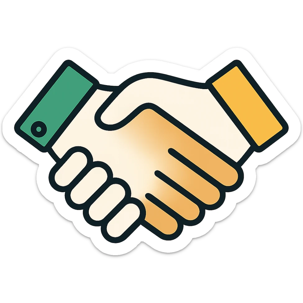 Edit the image to depict one Caucasian hand and one African American hand shaking with thinner black outlining. Use a professional style with a green, white, and gold color scheme. The look should be modern with rounded shapes and a simple design, with no background. sticker