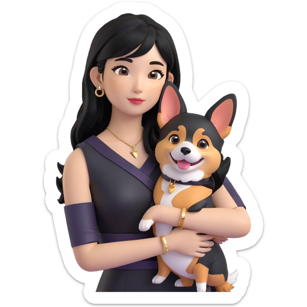 expressive emoji of an Asian girl with long black hair with wispy deep side-parted bangs, false lashes, a 3/4th sleeve tattoo on her left arm, wearing a black sleeveless leather dress with gold earrings, hugging a silly tri-color Corgi, simple emoji-like, 3D emoji style sticker