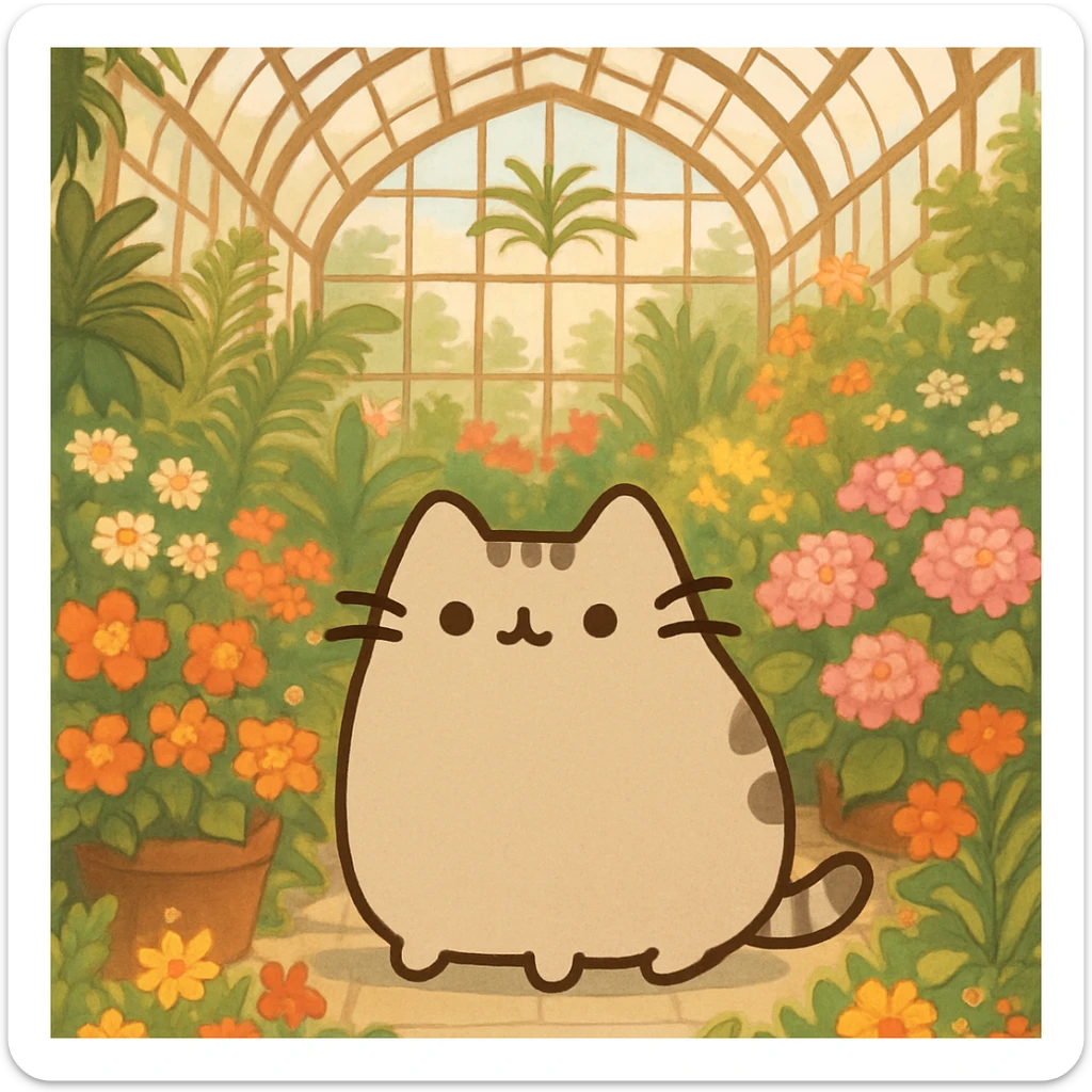 beige pusheen kitten in a botanical garden greenhouse filled with flowers sticker
