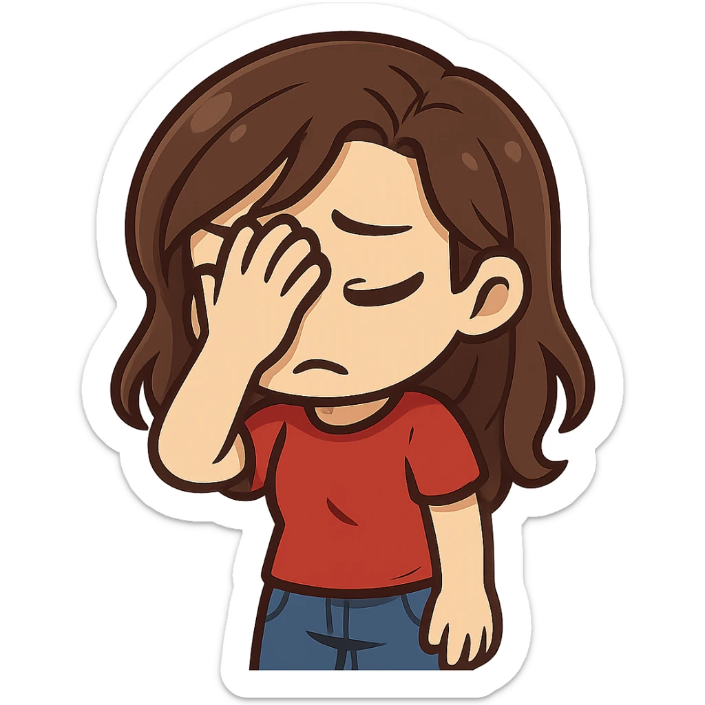 chibi emote of a woman in a red t-shirt and jeans, facepalming, no headband, no sparkles, no wand, transparent background sticker