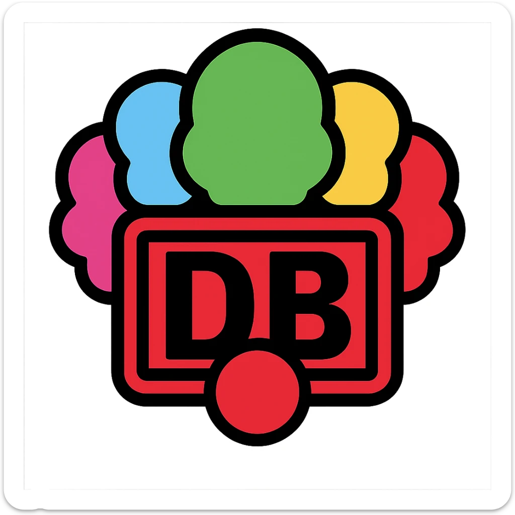 Edit the Deutsche Bahn logo to have a colorful clown hairstyle and a red nose, without a bow tie. The image should be clear, humorous, and suitable as an icon with a transparent background. sticker