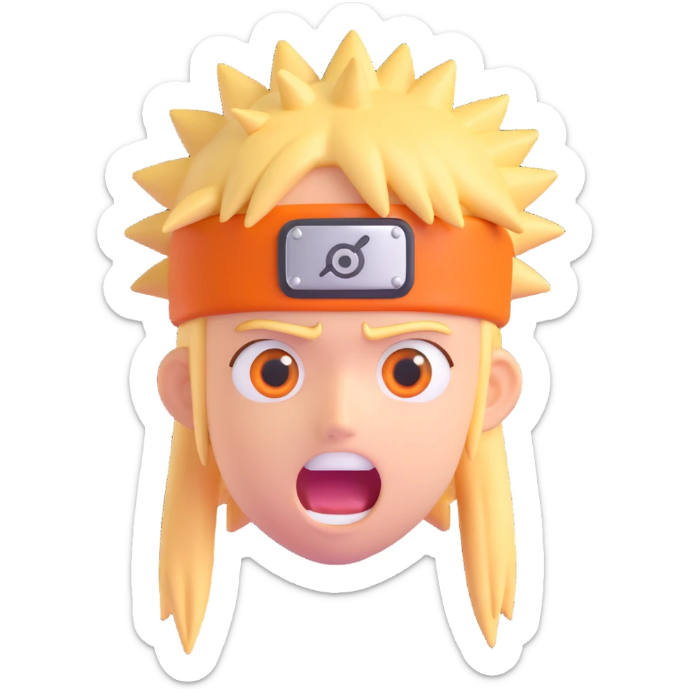 shocked Naruto with spiky blond hair, wide eyes, mouth open, orange headband, 3D emoji, iOS style sticker