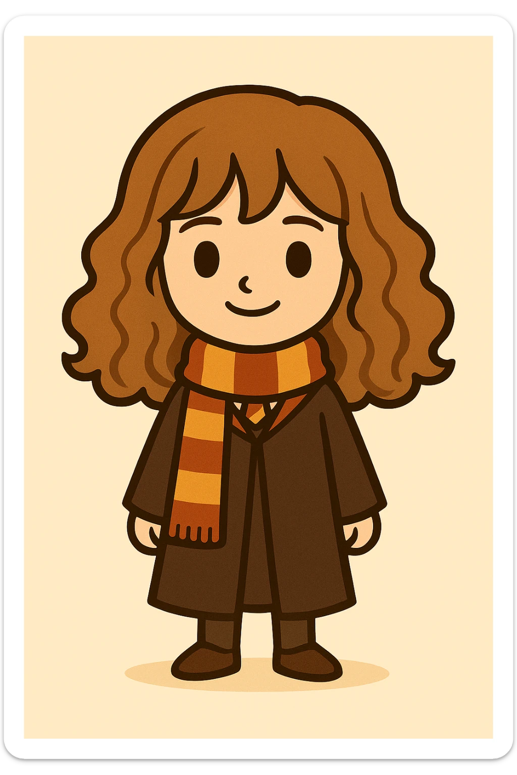 Full body illustration of Hermione Granger in a cute, cartoon, simplified style similar to the previous image. Light brown hair, striped scarf, Hogwarts robe, friendly expression, bold black lines, and soft colors. sticker