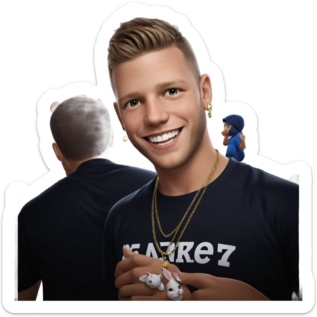 smiling boy with rabbit jewelry sticker