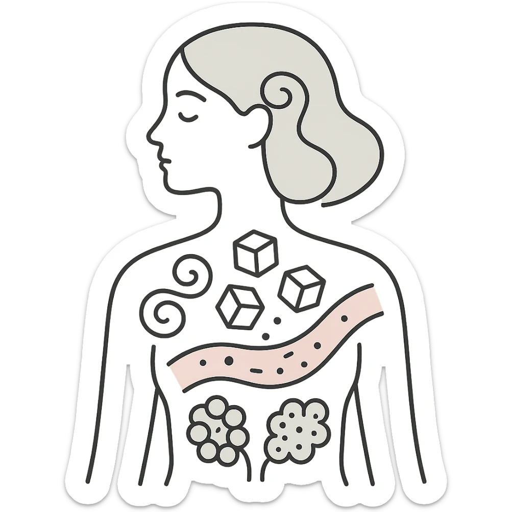 minimalist medical art of a woman's silhouette filled with abstract representations of PCOS symptoms including swirling hair growth, sugar cubes falling into a bloodstream, polycystic ovaries drawn like dark constellations, pastel colors sticker