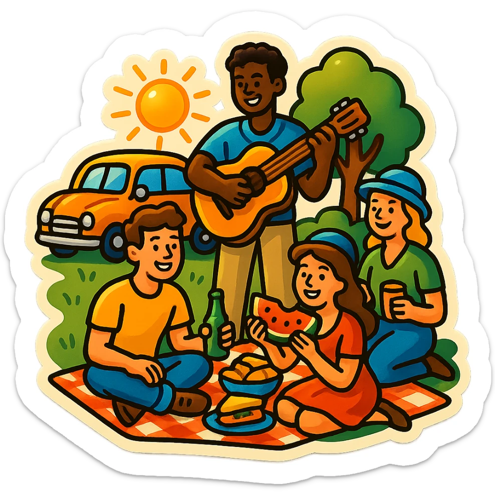 A group of friends having a picnic in retro stickers style, with a vintage setting and colorful details sticker