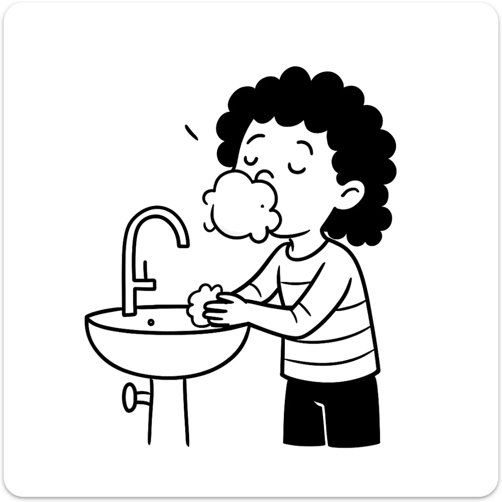Edit the image of a girl washing her face with bubbles, curly hair, same style as the original. sticker