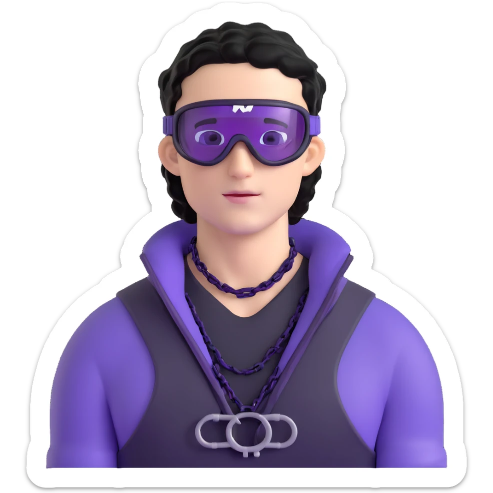 male athlete with white skin and moderately curly black hair on top with shaved sides, wearing ski goggles with purple frames and very dark black lenses, a simple plain black chain necklace, and an open shiny purple vest showing his chest and abs, no earrings sticker