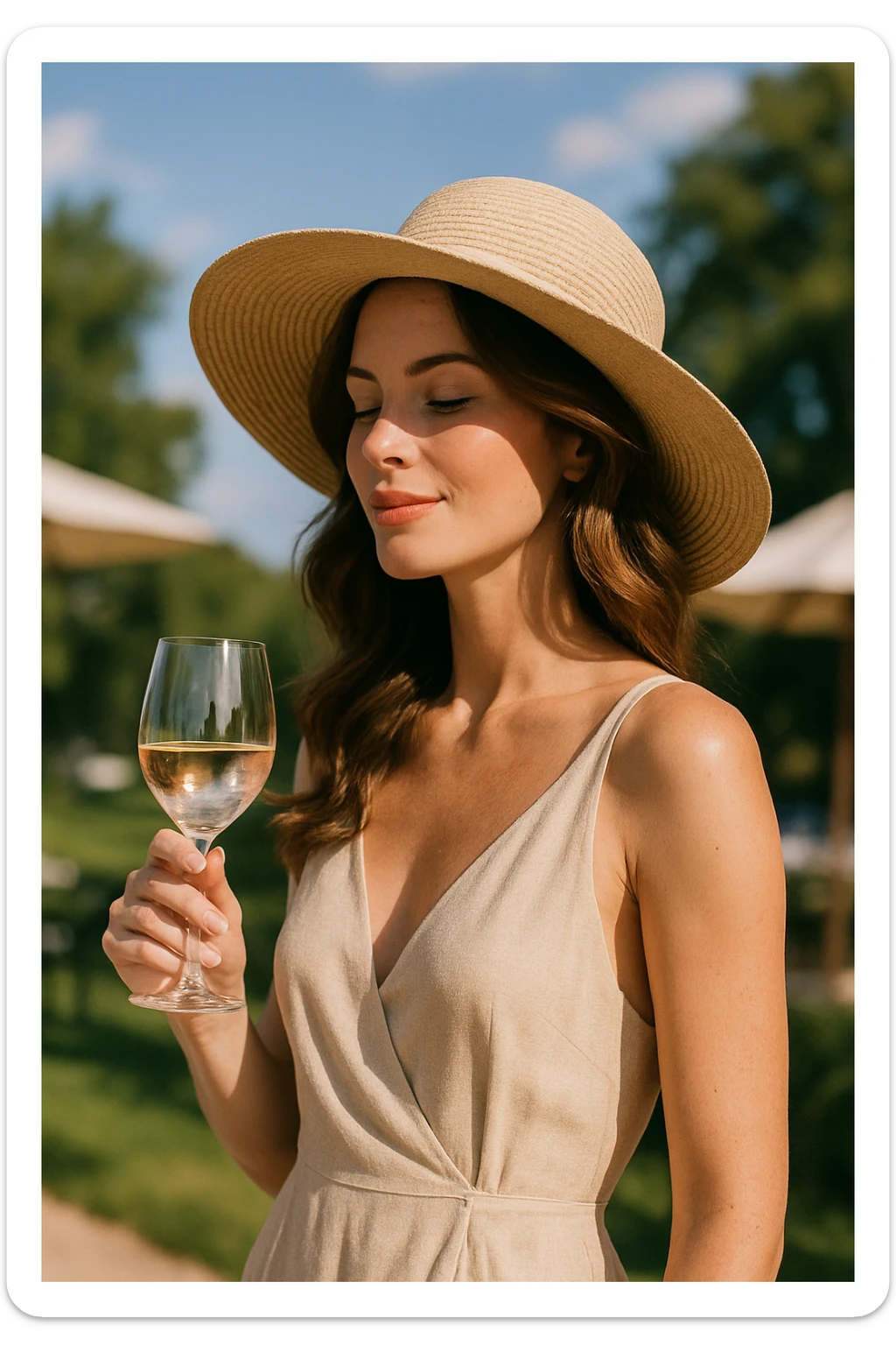 A woman wearing a sunhat holding a glass of wine sticker