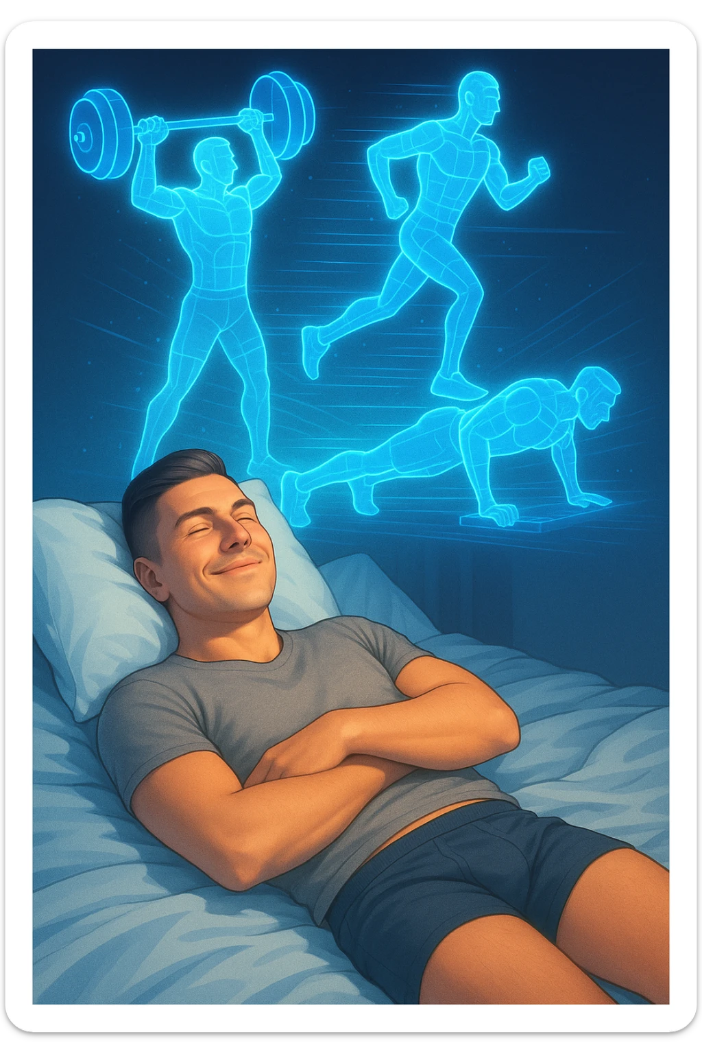 "Un uomo rilassato sdraiato a letto (in pigiama o biancheria intima), con gli occhi chiusi e un sorriso soddisfatto. Dal suo corpo si stacca un doppio olografico luminoso (il suo 'sé visualizzato') che invece sta facendo esercizio fisico con energia: solleva pesi, corre su un tapis roulant invisibile o fa flessioni a mezz'aria. sticker