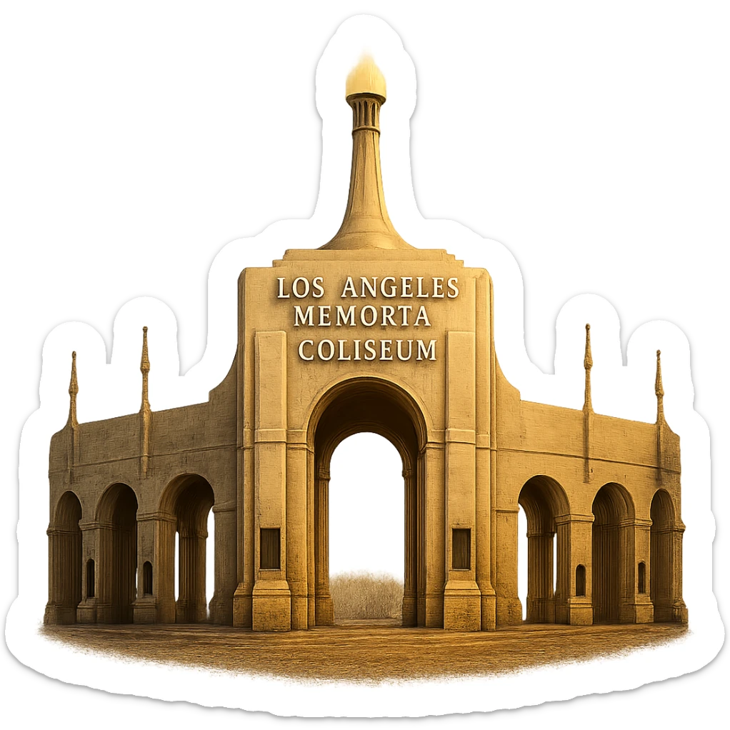 cinematic, realistic emoji of the Los Angeles Memorial Coliseum, majestic ornate architecture, lifelike detail, regal lighting, transparent background sticker