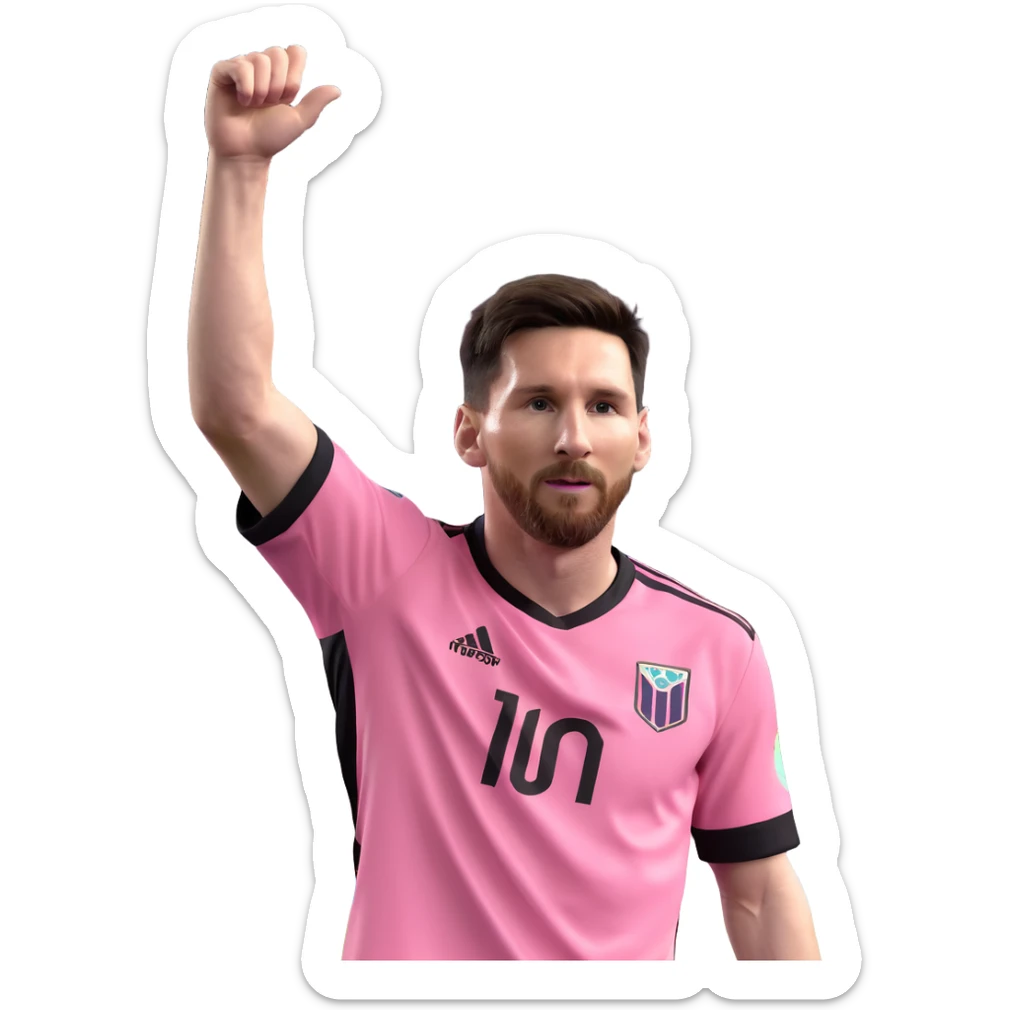 Lionel Messi in a Miami soccer kit, celebrating a goal, arms raised, pink and black jersey sticker