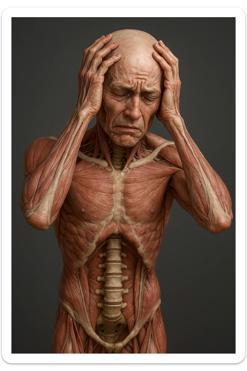 CORPO UMANO ANATOMICO con spina dorsale in evidenza, molto stanca e stressata mentre si tiene le mani sulla testa, IPERREALISTICO 4K sticker