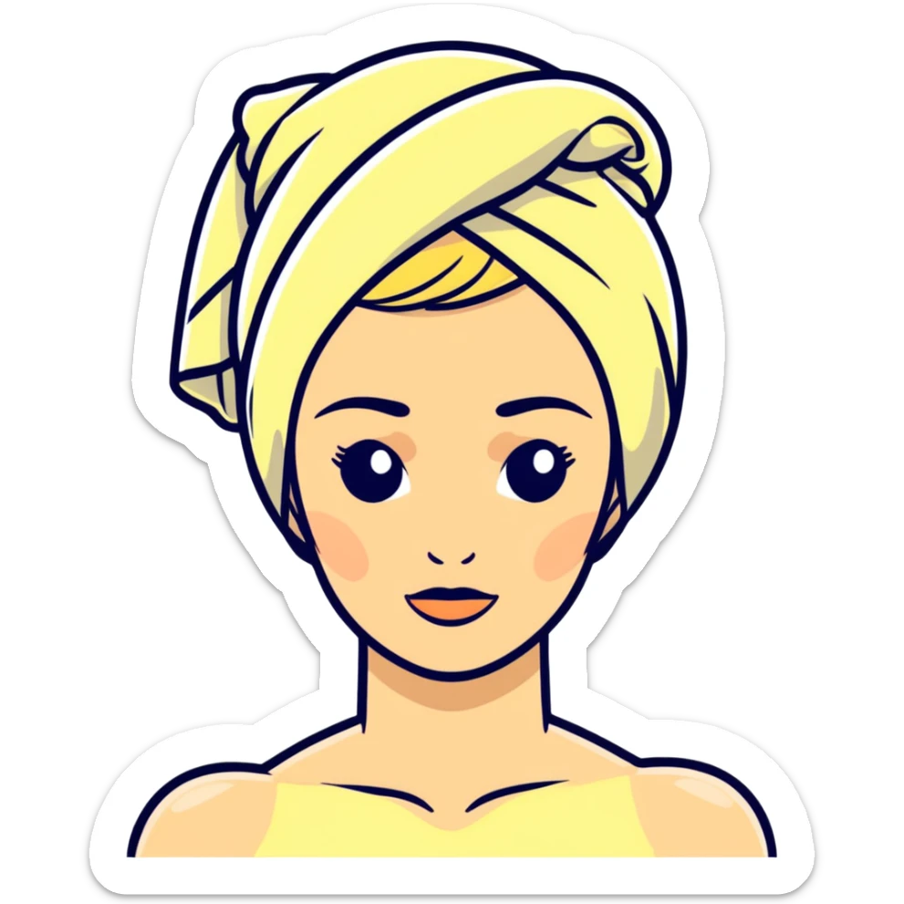 Blonde woman with a towel on her head and a facial muscles sticker