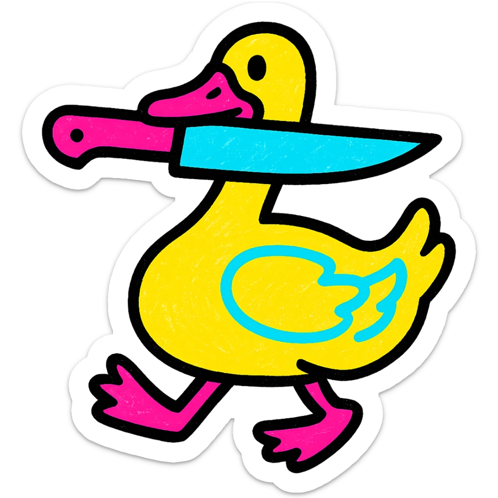a goose with a knife in its mouth, vibrant pop colors cartoon style sticker