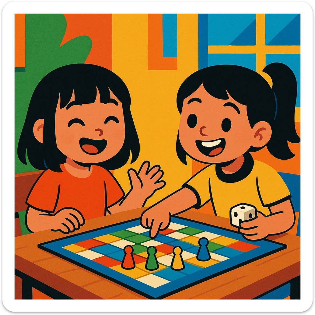 asian girl playing a boardgame with her friend, cheerful, vibrant, cartoon style sticker