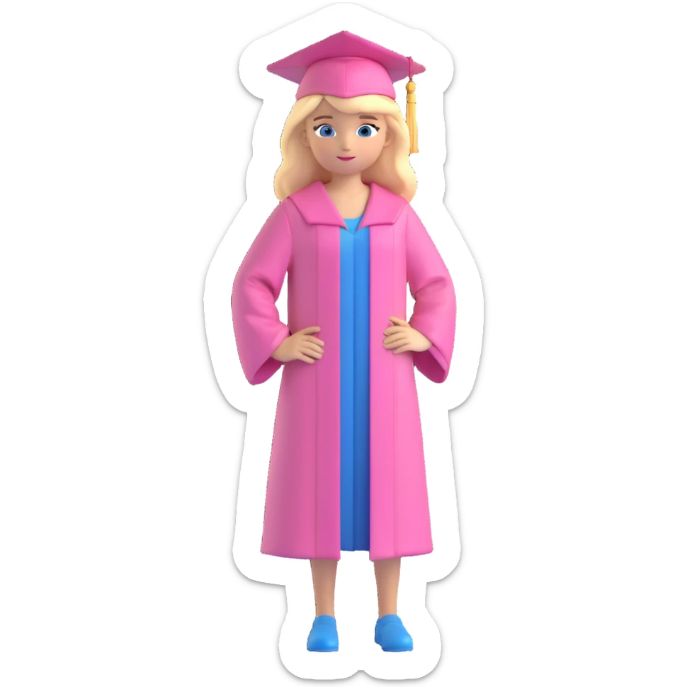 blonde hair, blue eyes, girl in pink grad cap and gown, standing, proud pose sticker