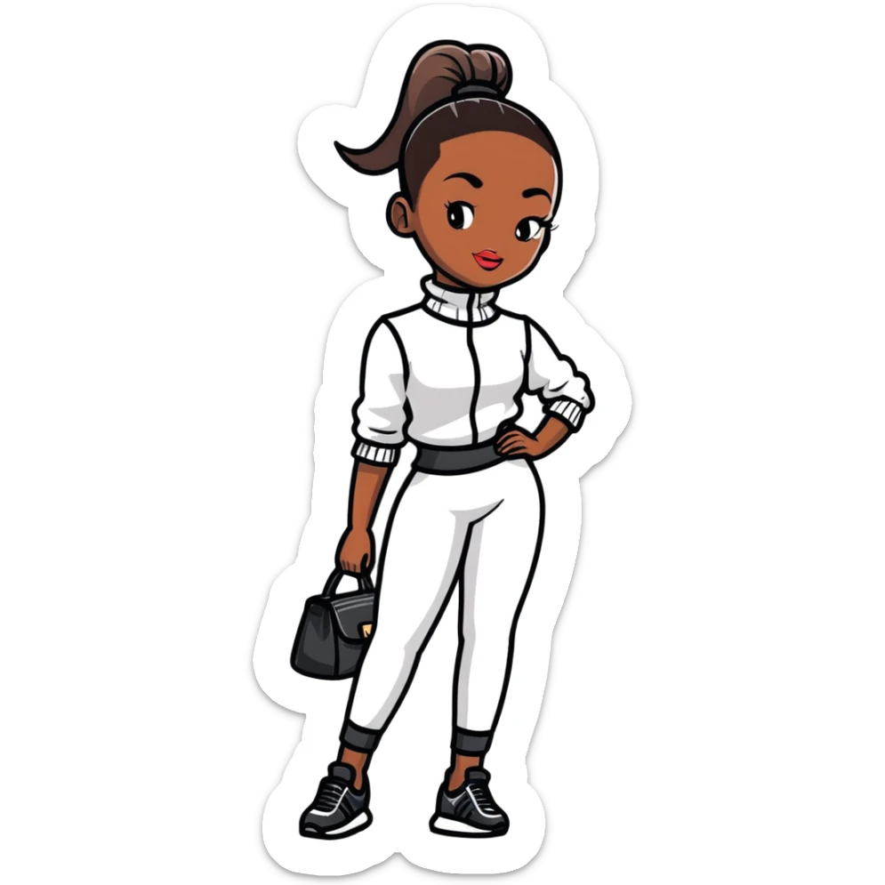 Glamorous African fashion model with tight high ponytail, catwalk pose, trendy designer outfit sticker