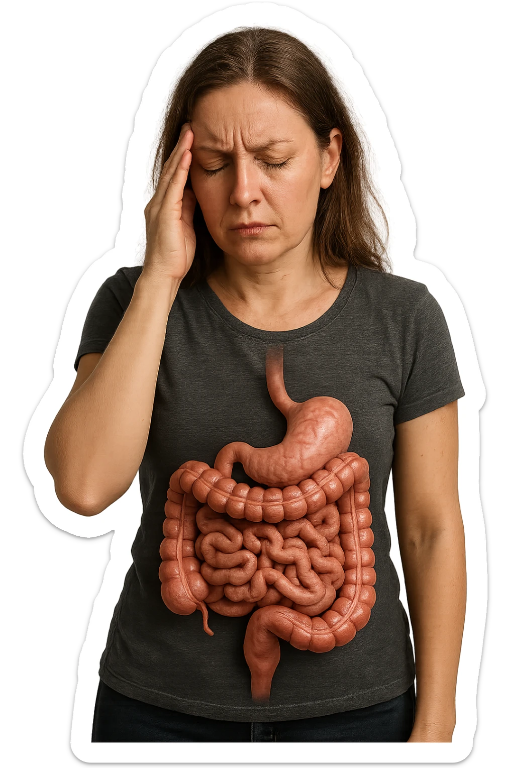 donna stanca che si tiene una mano sulla tempia con intestino umano anatomico visibile, iperrealistico 4k sticker