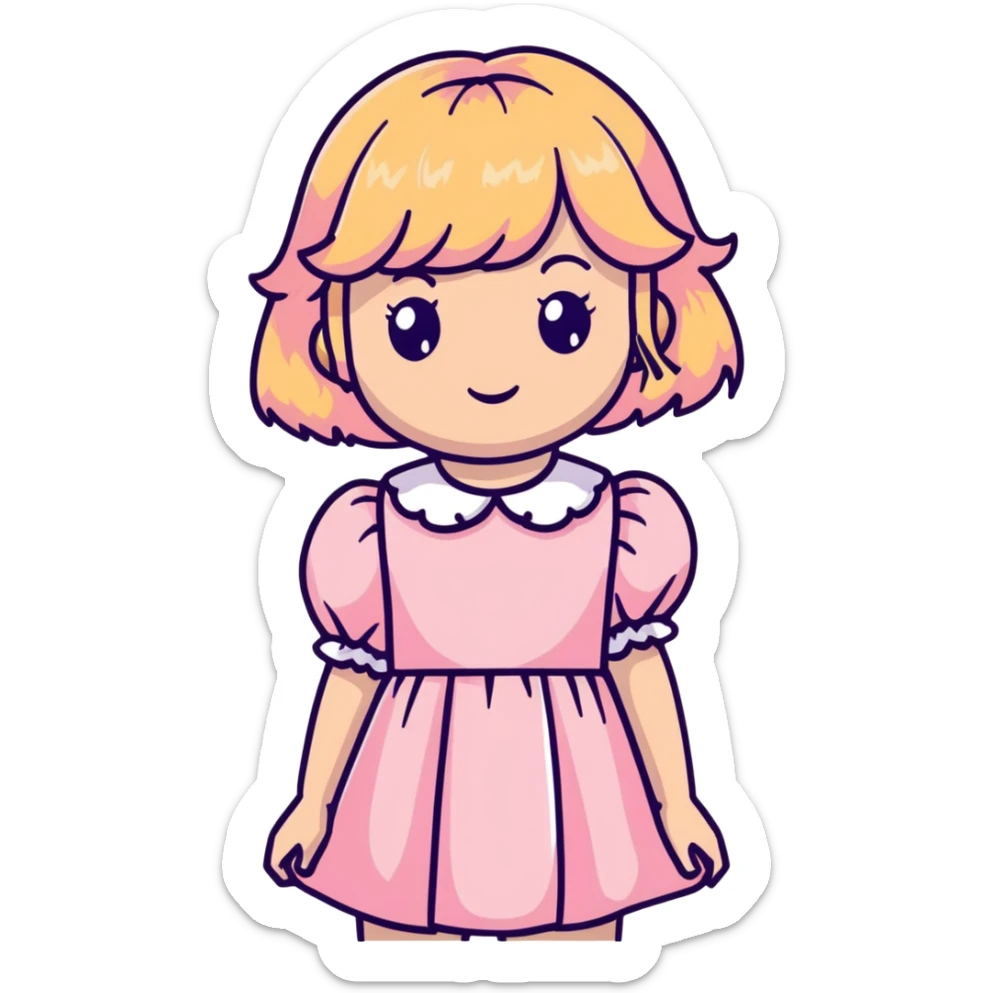 white or light brown girl with bangs, long light brown hair with curly blonde highlights, wearing a pastel pink dress with puff sleeves sticker