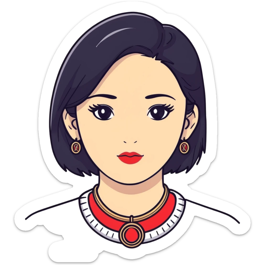 college girl with black hair, white skin, wearing a Cartier necklace, old money luxury vibe sticker