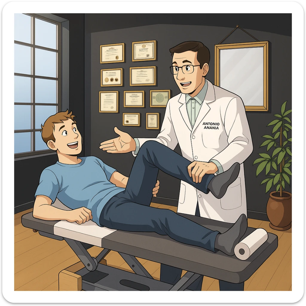 su questo lettino rappresenta un webtoon manga a colori con questo stile, in cui un uomo è steso sul lettino medico e il kinesiologo con il camice bianco (fagli anche la scritta "ANTONIO ANANIA" SUL CAMICE, gli solleva una gamba per fargli il test neuromuscolare, IL KINESIOLOGO SPIEGA ALL'UOMO UNA cosa mentre gli alza la gamba. l'espressione dell'uomo è felice e soddisfatta, non fare i fumetti però, fai solo in modo che sembri stiano parlando sticker