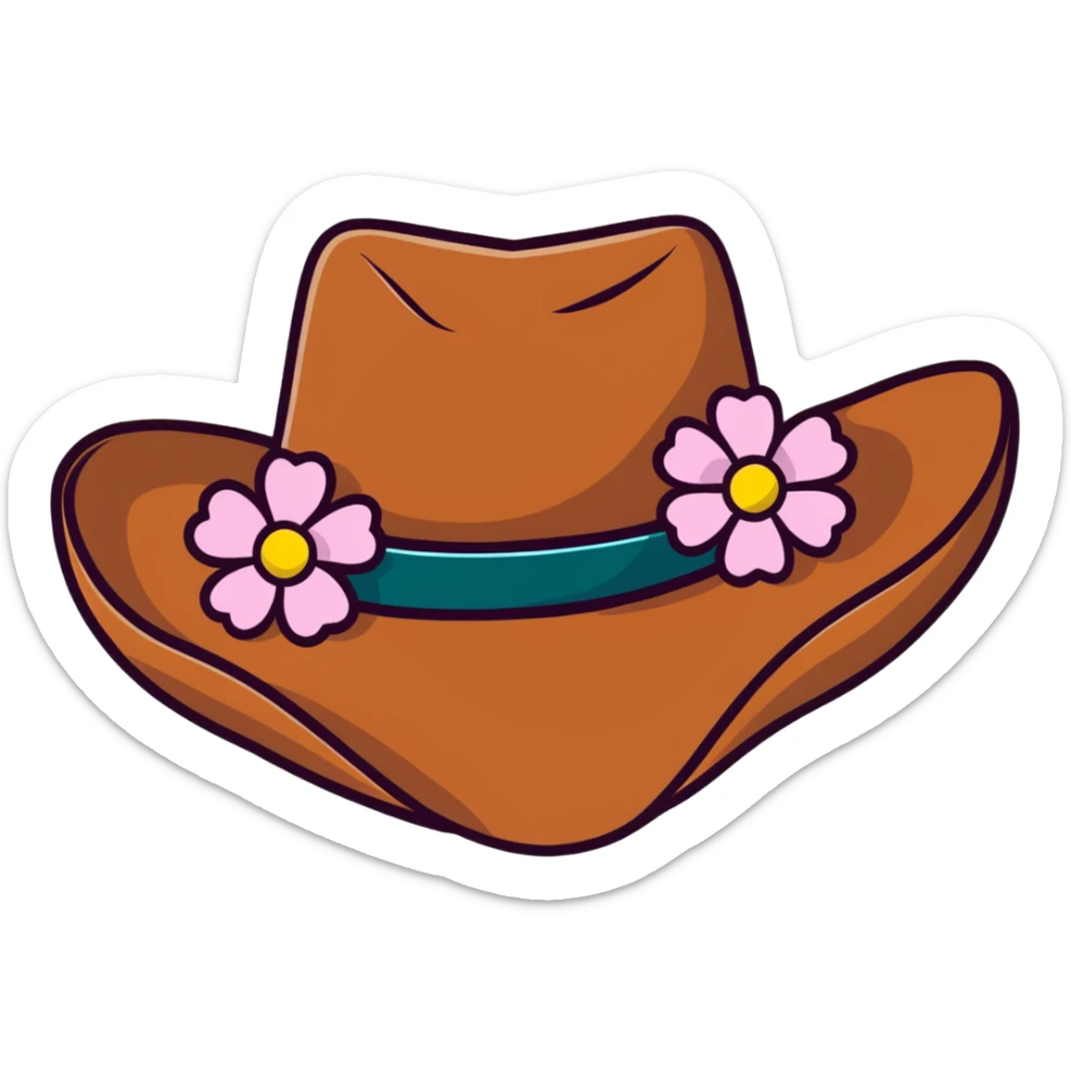 Cowgirl hat with flowers, pink and white flowers decorating a brown cowboy hat sticker