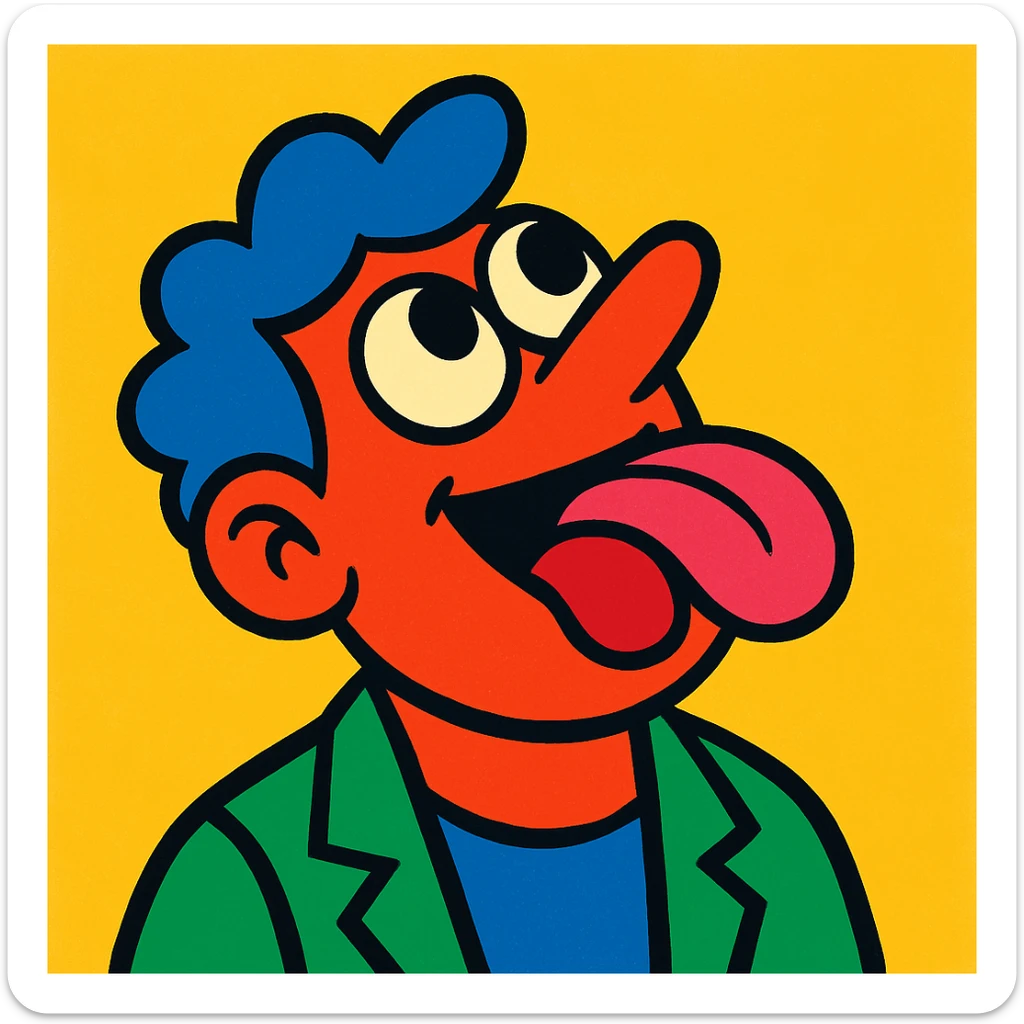 a colorful cartoon of a man sticking out his tongue and looking up to the sky sticker