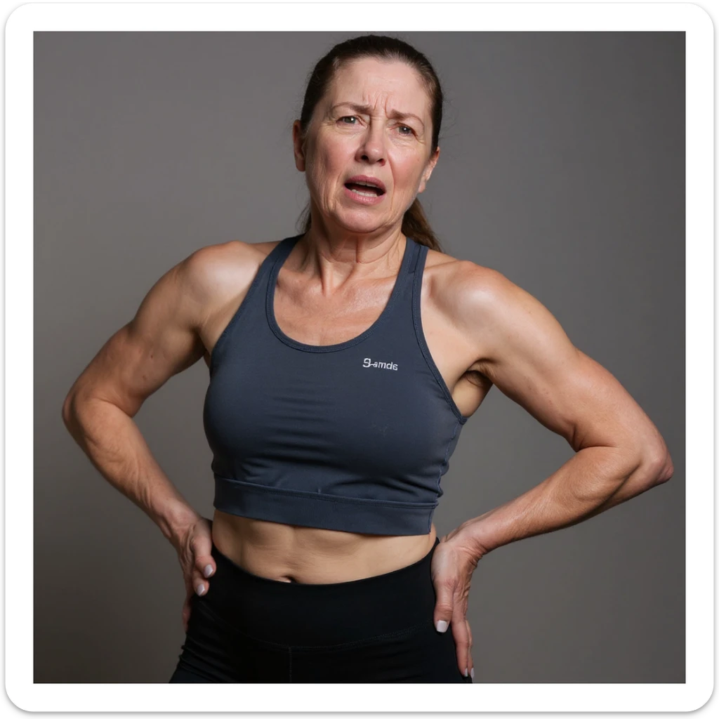 Realistic style image of a woman in sportswear inspired by the reference photo, showing pain in the upper back, with one hand on the dorsal area and a pained expression, neutral background. sticker