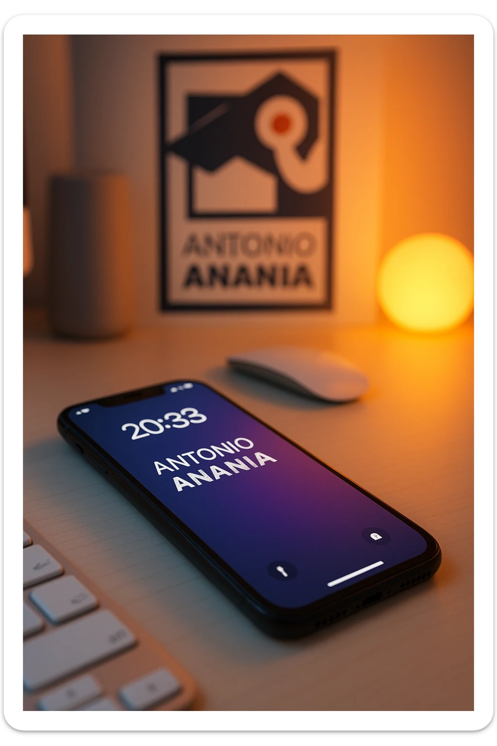 A photo of an iPhone on the desk with the message "Antonio Anania" on its screen, The phone sits atop a desk with a blurred with the logo in the background that suggests work environment. A faint glow from above casts gentle shadows across the surface of each object, creating depth and highlighting their textures sticker