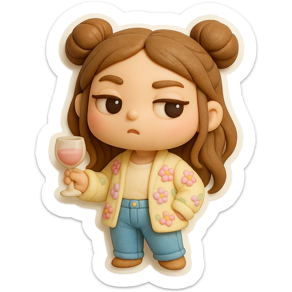3D chibi fondant cake art style, high-quality rendering with smooth shadows and soft gradients. Girl with long brown hair in two space buns, brown eyes, jeans, pastel floral cardigan, thick white outline like a sticker, transparent background. Holding a wine glass, acting fancy and superior, preserve facial features from reference image. sticker