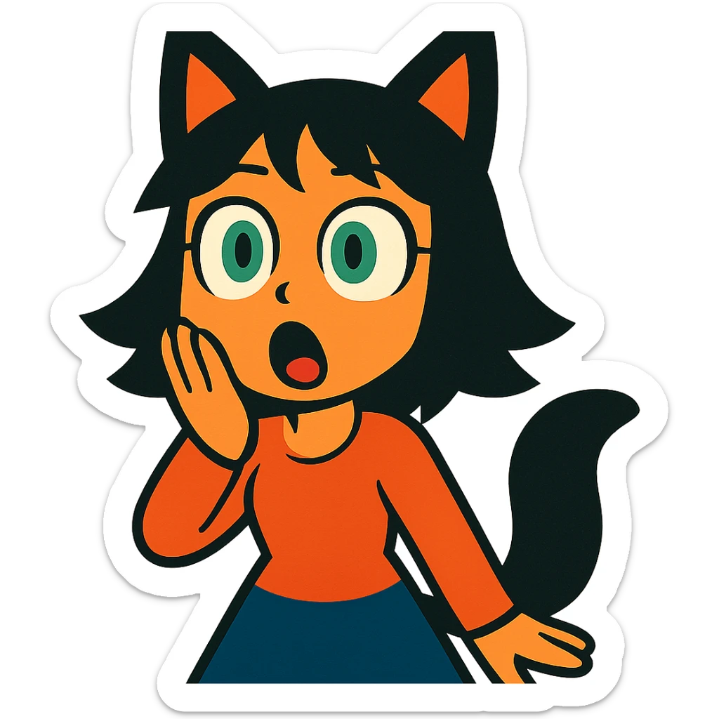 a surprised girl with huge green eyes, black fox ears, and a tail, dark hair sticker