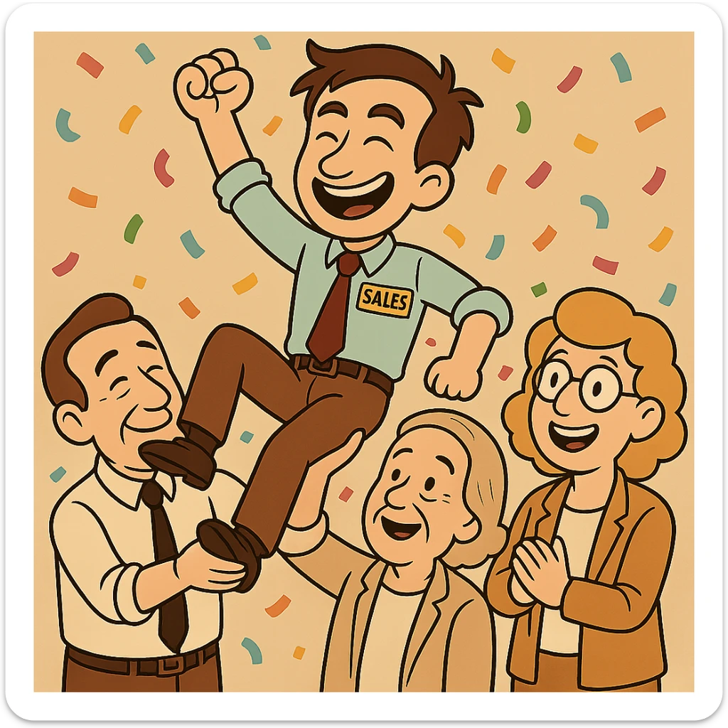 Change the man with dark skin to have pale skin and appear a bit older. Add colorful confetti in the air like in the second cartoon. Also, add another woman to the group—she should be blond. Keep the background transparent and maintain the cartoonish office celebration style. sticker