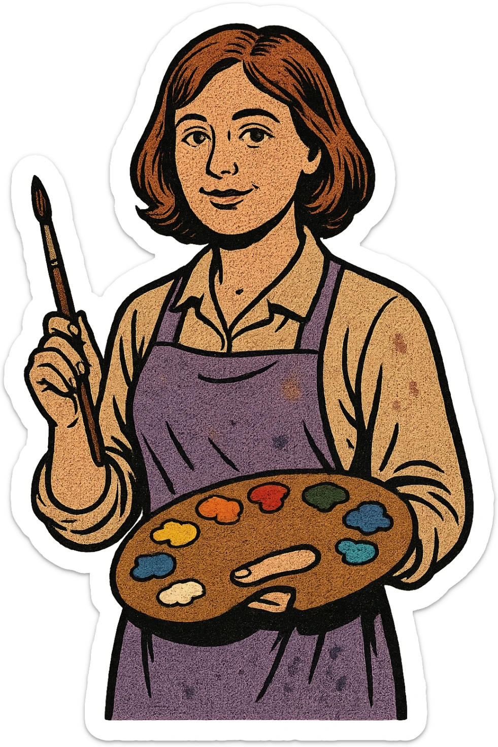 Serene female oil painter, Caucasian features, shoulder-length auburn hair, soft brown eyes, gentle smile, wearing a violet painter’s apron lightly stained with paint over a beige blouse, holding a wooden palette with vibrant colors in one hand and a brush in the other, waist-up, front-facing sticker