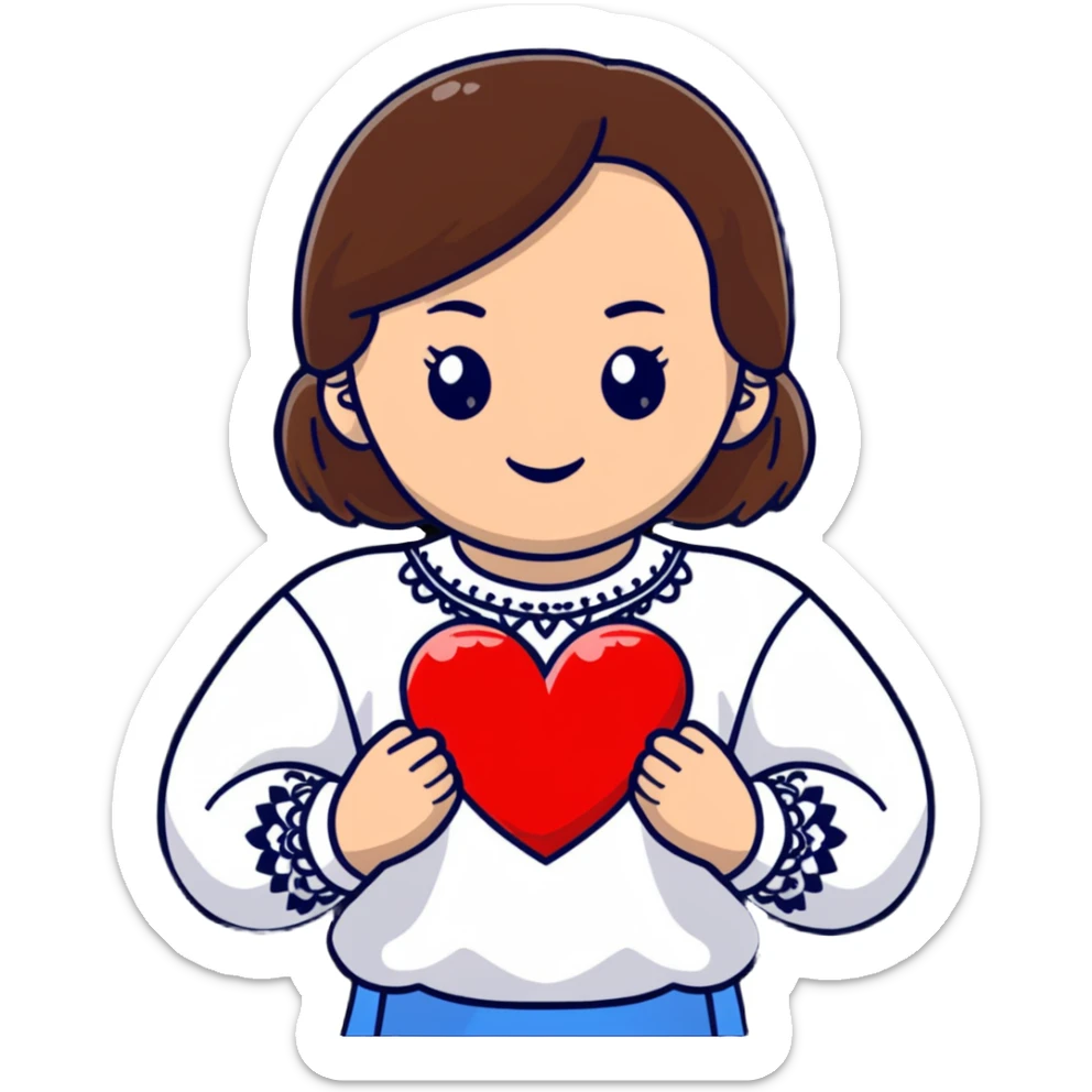 Beautiful young girl with brown hair in a white Ukrainian embroidered shirt holding a large embroidered heart sticker
