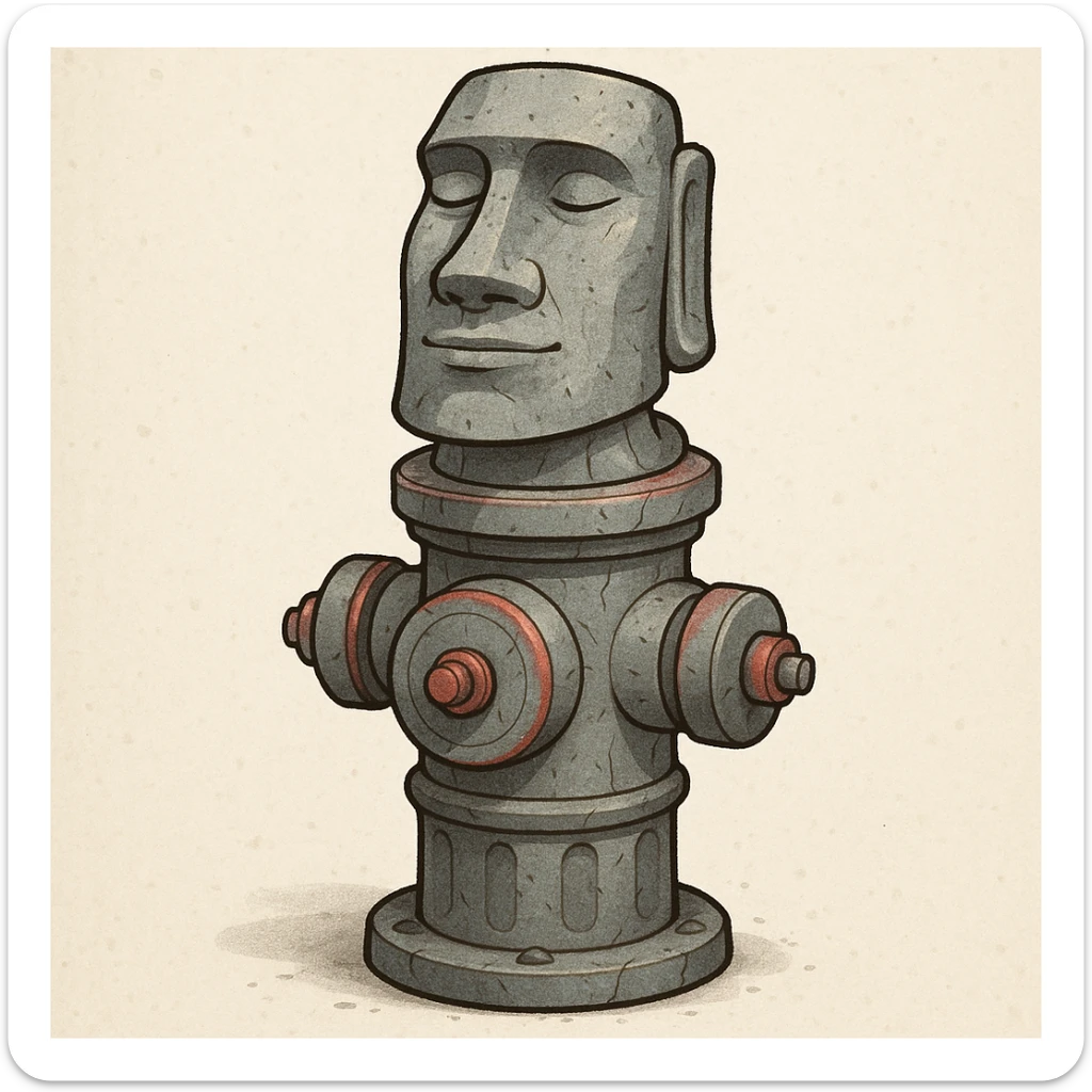 A whimsical fusion of a fire hydrant and the Moyai statue, with the hydrant's top as the statue's head, stone-gray color with subtle red accents, and a serene face. sticker