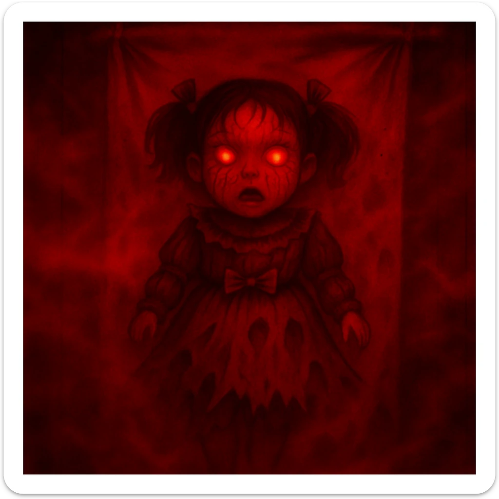Change the color scheme to red and black with intense red fog and mist, creating an overall red horror palette. Keep all other details unchanged. sticker